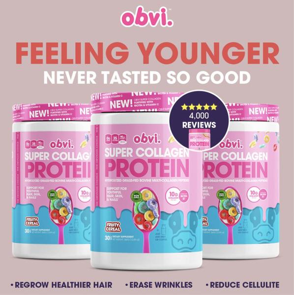 A square-ratio ad creative featuring three tubs of Super Collagen Protein, using bold product-focused typography and a clear list of tangible health benefits to drive clicks.